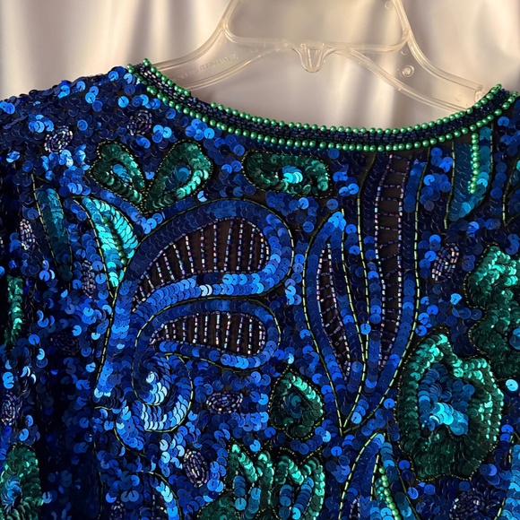 Vintage 1980's Laurence Kazar New York Blue Green Sequin Silk Jacket Large - Picture 8 of 10